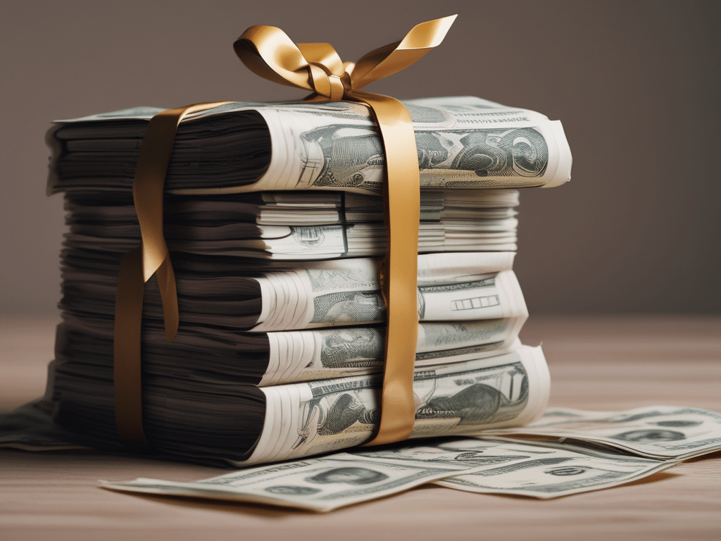 AI-generated image of stack of money tied with a ribbon