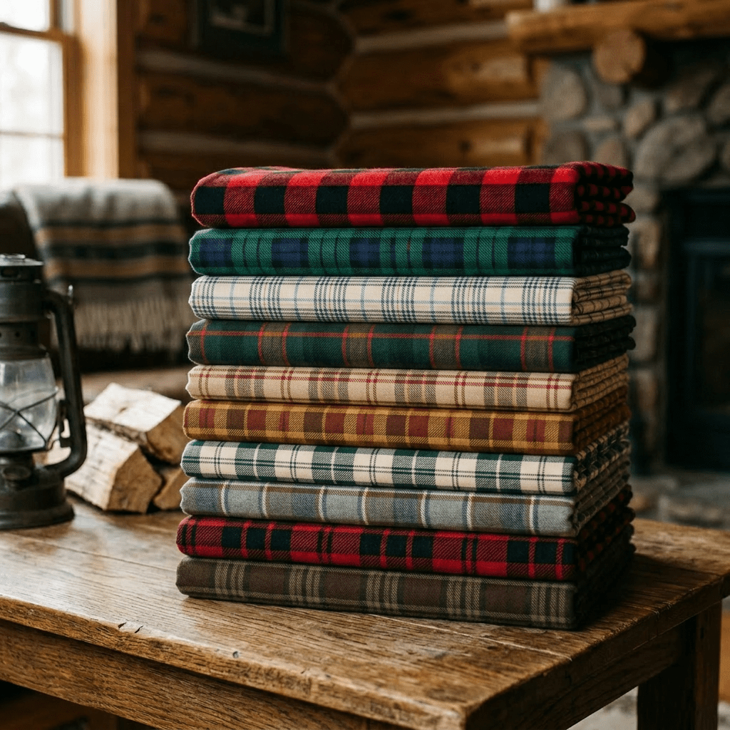 Stack of folded fabrics with buffalo plaid, forest animals, and cabin patterns on a wooden table.